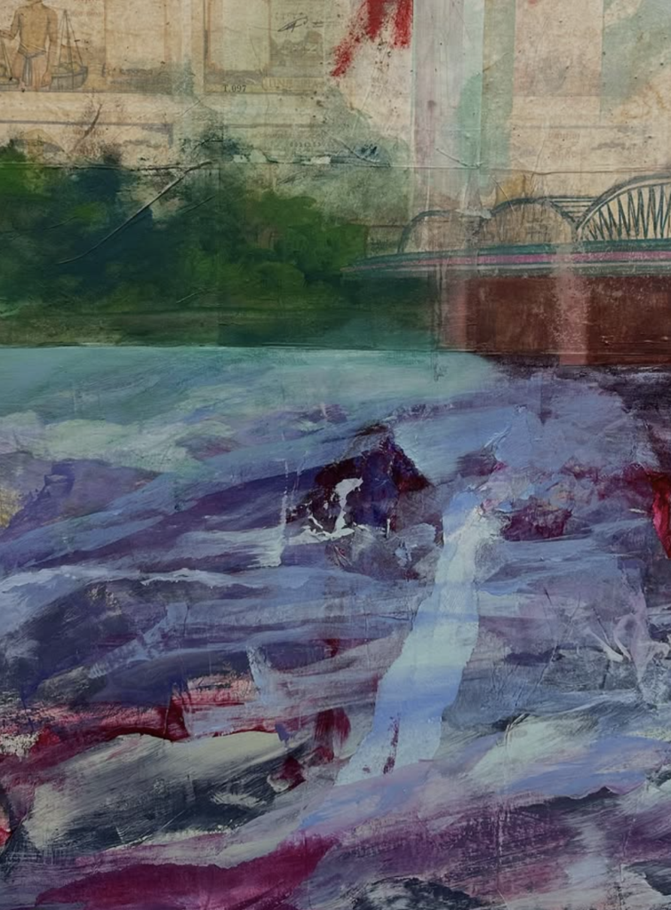 “Bridge to Paris,” 2026, combines acrylic, colored pencil, oil, oil stick, paper, tea leaves and tea bag paper on panel. (Courtesy of ICOSA)