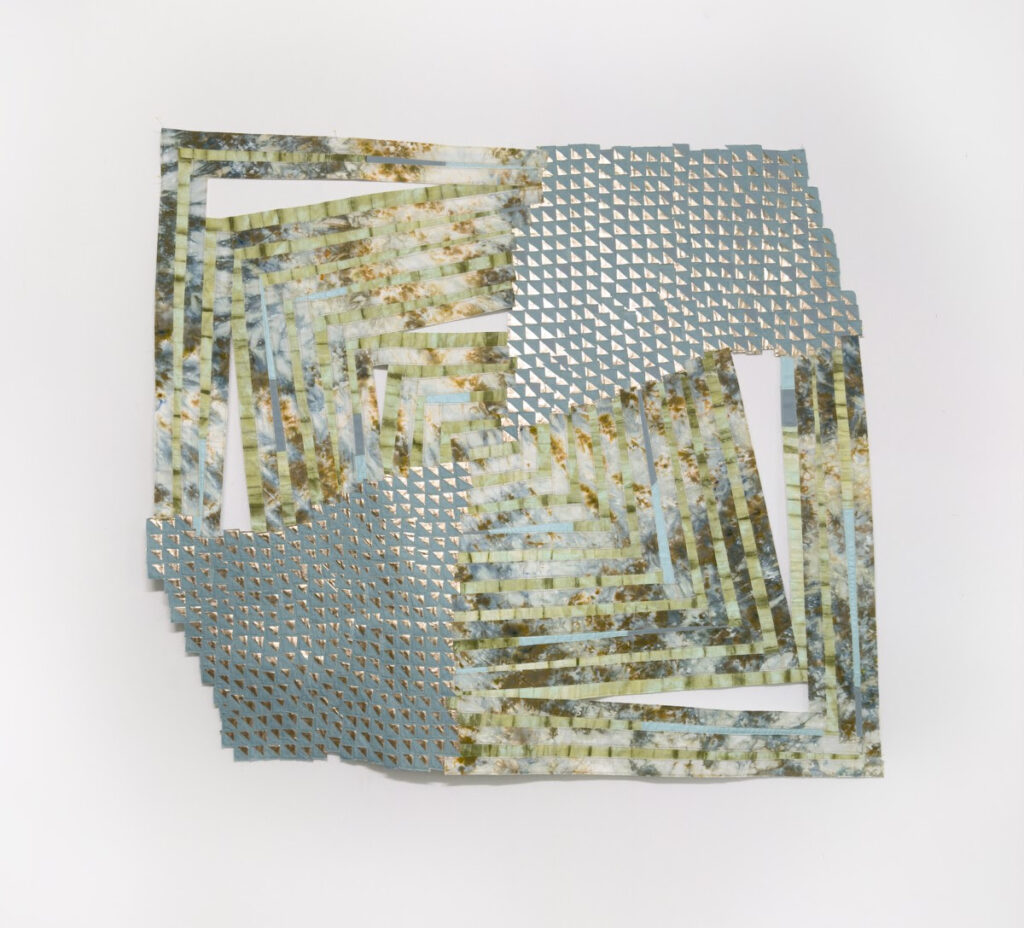 Regina Durante Jestrow’s “Painting 14 (Log Cabin),” 2026, is made with hand-dyed cotton, acrylic, lamé fabric, canvas, felt and thread. (Courtesy of Ivester Contemporary)