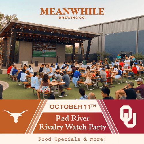 Event flyer for Red River Rivalry Watch Party at Meanwhile Brewing