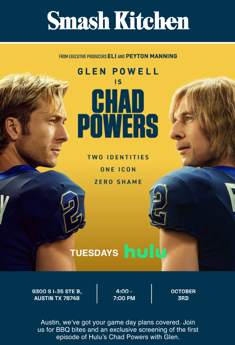 A flyer promotes “Walmart Pregame with Glen Powell’s Smash Kitchen,” a free tailgate-style event in Austin, Texas, on Friday, Oct. 4, 2025.