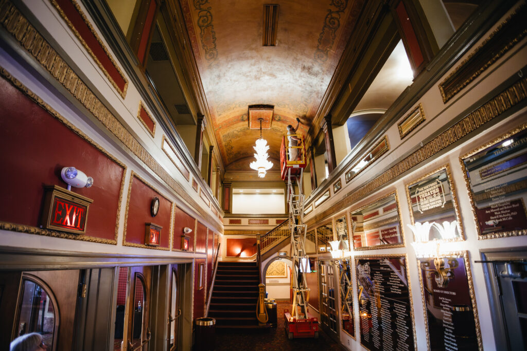 Artisans begin early restoration work inside the Paramount Theatre. (Photo by Rachel Parker)