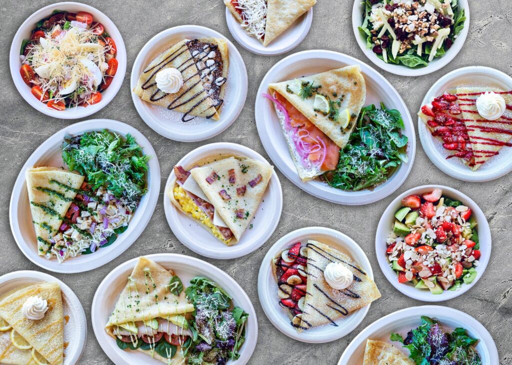 Crepe Crazy's assortment of savory and sweet crepes, and salads. (Photo courtesy of Crepe Crazy)