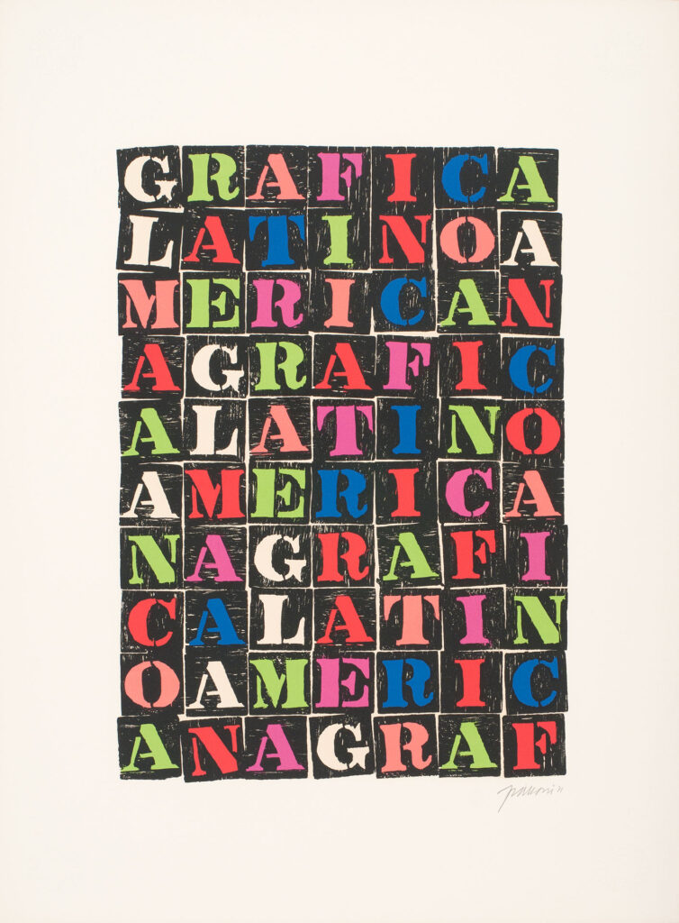 Antonio Frasconi, Gráfica latinoamericana, del portafolio Gráfica latinoamericana [Latin American Graphic Art, from the portfolio Latin American Graphic Art], 1971, screenprint, 30 1/8 × 22 5/16 in., Blanton Museum of Art, The University of Texas at Austin, Gift of Ms. Dana Ravel in memory of her husband, Mr. Gene Ravel, 1997, © Antonio Frasconi/Licensed by VAGA, New York, NY © Blanton Museum of Art, The University of Texas at Austin