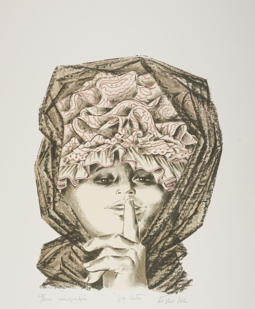 Enrique Grau Araujo, La cita, del portafolio 21 estampadores de Colombia, Mexico y Venezuela [The Date, from the portfolio 21 Printmakers of Colombia, Mexico and Venezuela], 1972, color screenprint, 29 7/8 x 22 1/16 in., Blanton Museum of Art, The University of Texas at Austin, Gift of Container Corporation of America, 1982 ©