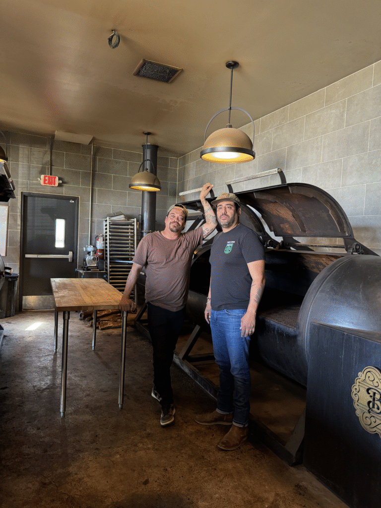 Simon Madera (right) and pitmaster Miguel Vidal open Churchrow Tejas BBQ in Austin. (Photo courtesy of Churchrow Tejas BBQ)