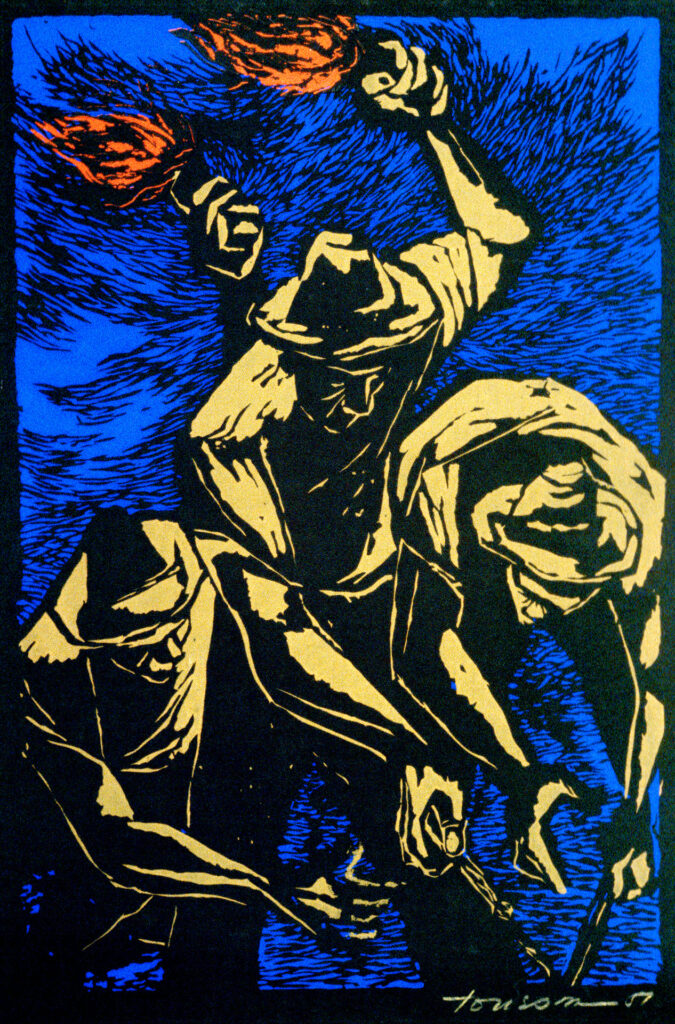 José Antonio Torres Martino, Cangrejeros, del portafolio Grabados: La Estampa Puertorriqueña [Crabbers, from the portfolio Engravings: The Puerto Rican Print], 1951, color screenprint, 11 15/16 × 10 in., Blanton Museum of Art, The University of Texas at Austin, Gift of Ronald Christ, 1982 © Blanton Museum of Art, The University of Texas at Austin