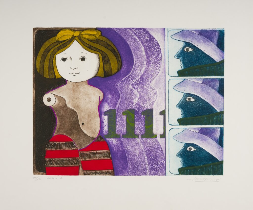 Leticia Tarragó, Muñeca 2, del portafolio Diez grabados mexicanos [Doll 2, from the portfolio Ten Mexican Prints], circa 1970, etching and aquatint in color, 21 1/4 x 25 3/16 in., Blanton Museum of Art, The University of Texas at Austin, Gift of Thomas Cranfill, 1982 ©