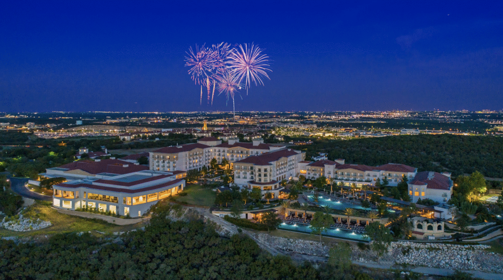 See Six Flags' fireworks show from the La Cantera resort.