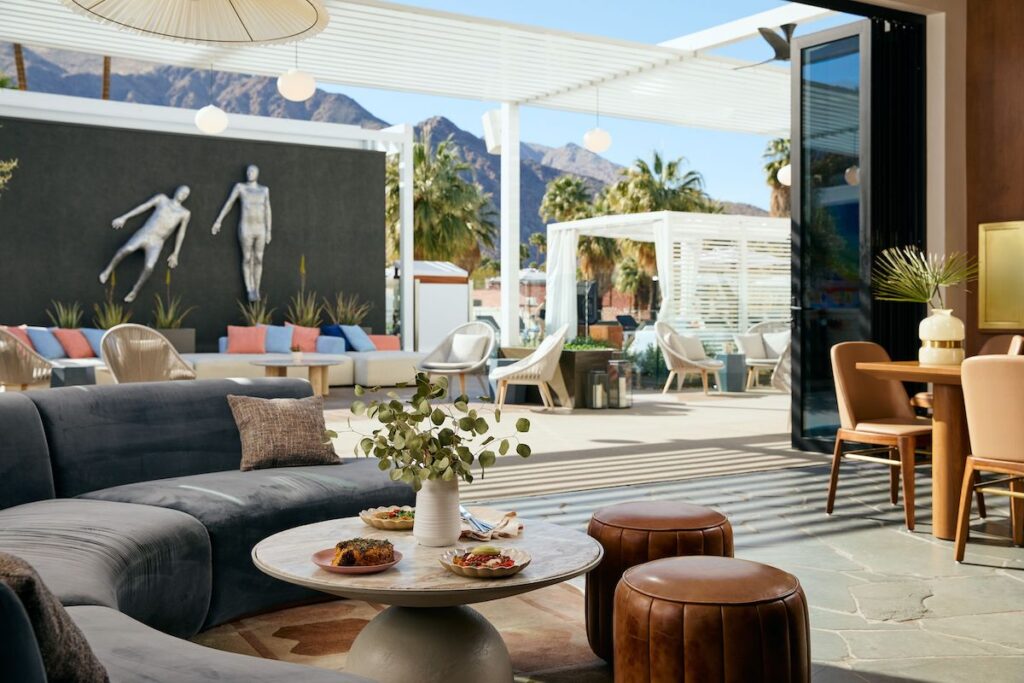 Outdoor lounge area at Lola Rose restaurant in Palm Springs