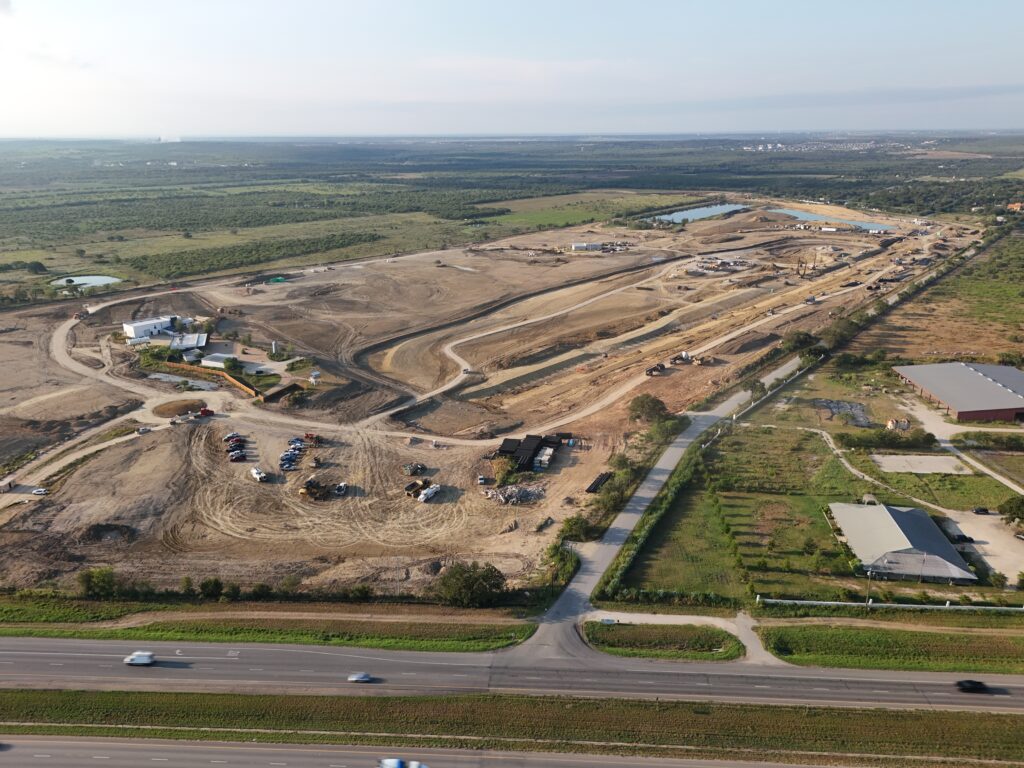 An aerial view shows construction underway at the proposed Austin Surf Club.