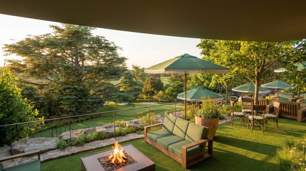 The outdoor space offers Hill Country views alongside lounge seating, fire pits, and putting and short-game greens.