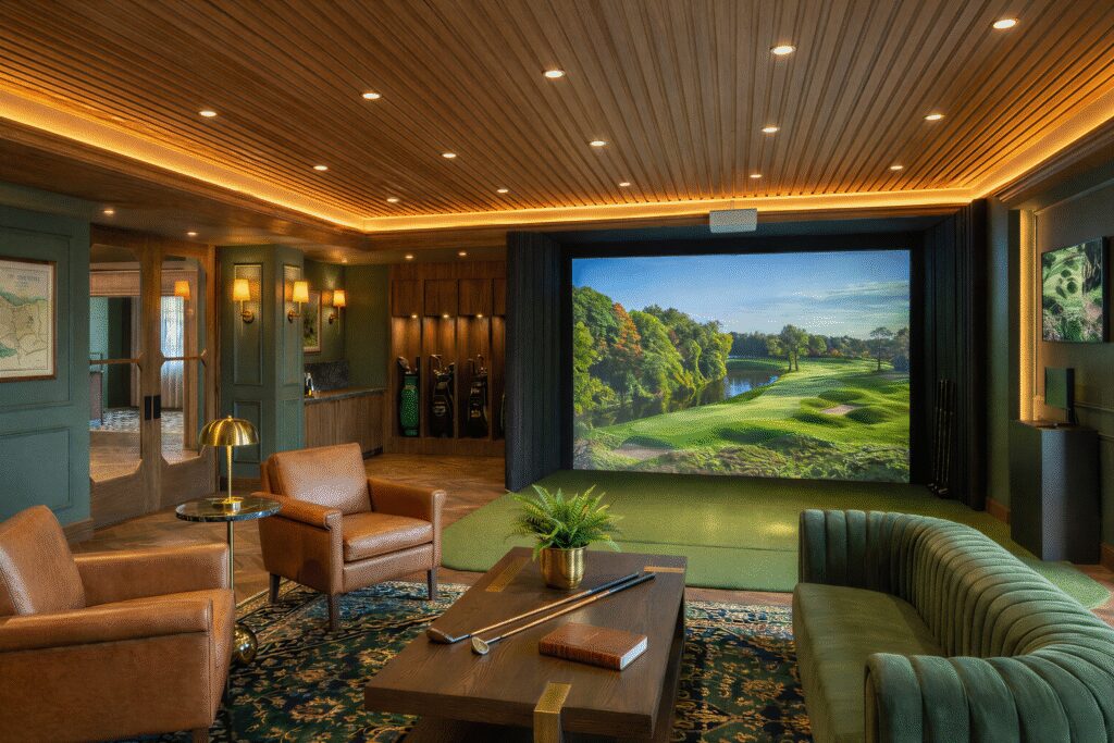 Amenities at The Mackenzie Club include golf simulators, a dedicated putting lab, professional golf instruction and club fittings, a restaurant and bar, wellness amenities, executive workspaces, and outdoor areas with putting and short-game greens.