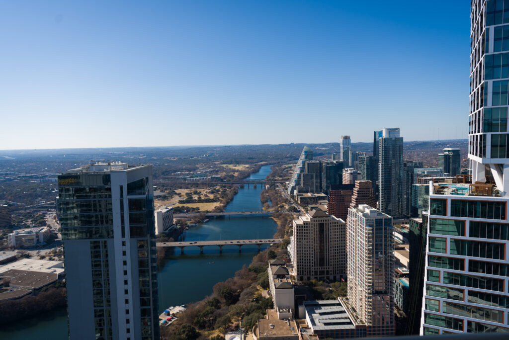 Views of downtown Austin are seen from the 55th floor penthouse at The Modern.