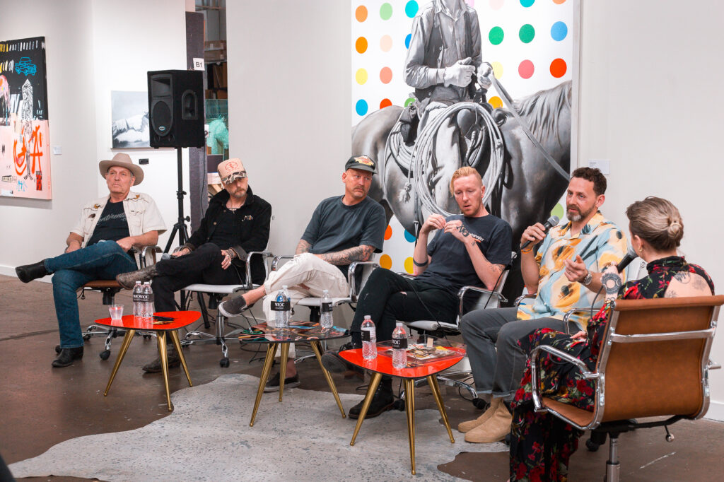 Contemporary artists featured in the “Beyond the West” exhibition gather during a public reception and artist talk on Saturday, Feb. 21, at West Chelsea Contemporary. (Courtesy of West Chelsea Contemporary)