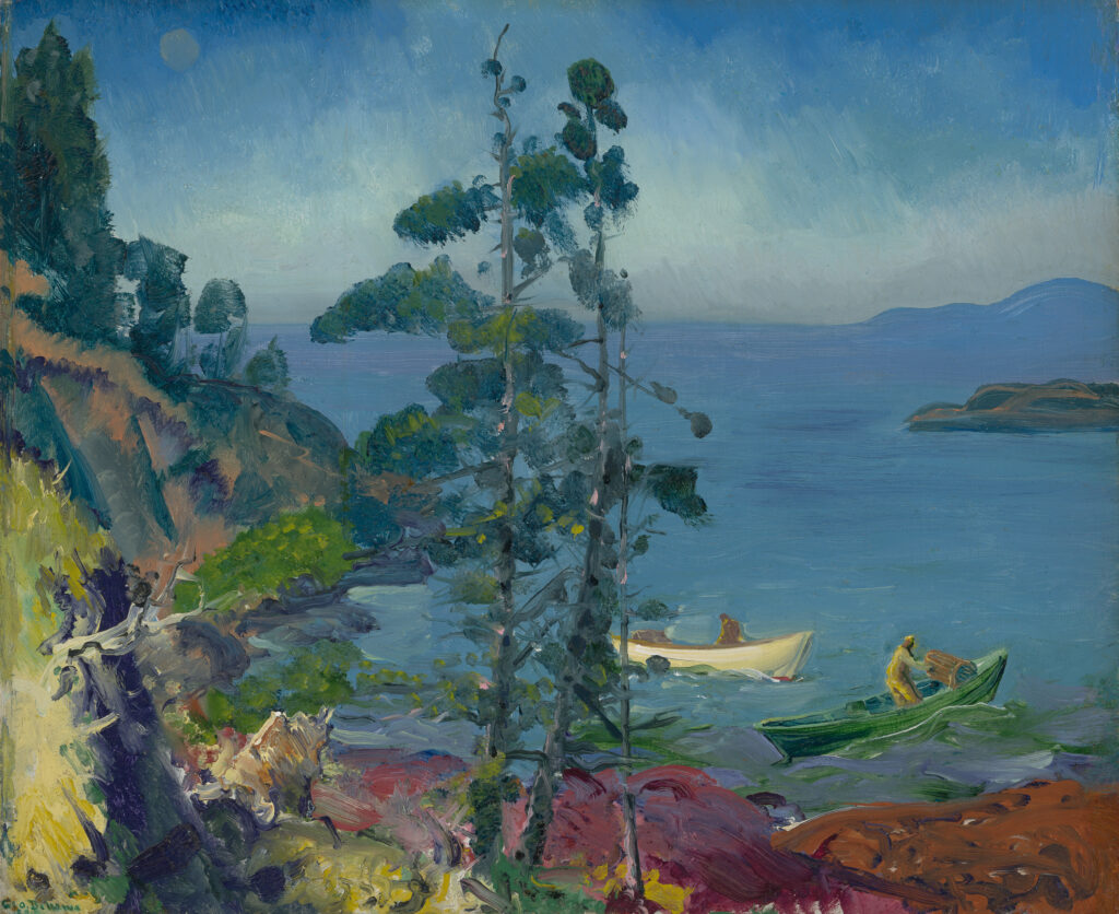 “Evening Blue (Tending the Lobster Traps, Early Morning),” 1916, by George Bellows (1882–1925). Oil on panel. Collection of Charles Butt. (Courtesy of the Blanton Museum of Art)