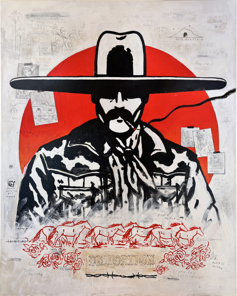 Saint No, "Distortion," 2026, gesso, graphite, acrylic, colored pencil, marker, and enamel on canvas, 60 x 48 inches. (Courtesy of West Chelsea Contemporary)