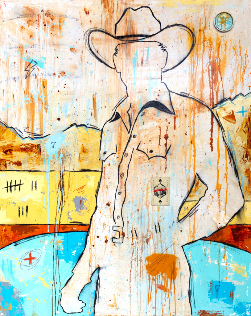 Miles Glynn, "Lost Cowboy No. 27," 2026, mixed media on canvas, 60 x 48 inches. (Courtesy of West Chelsea Contemporary)