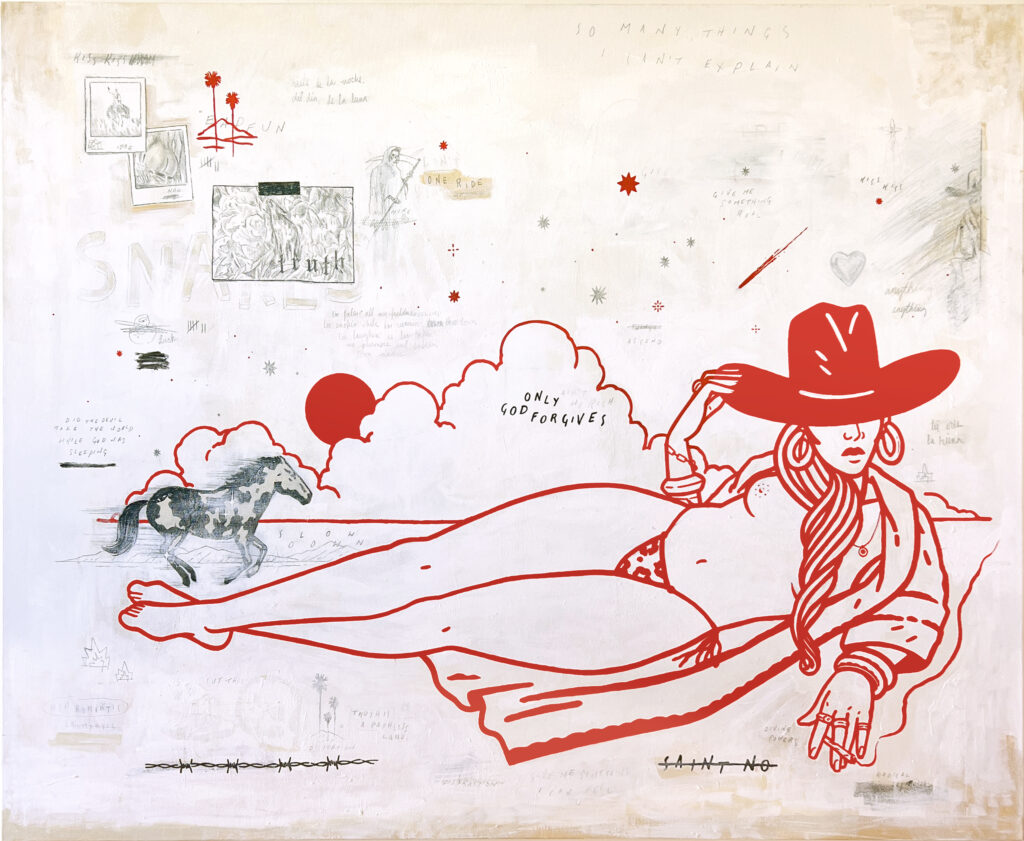 Saint No, "Only God Forgives," 2026, gesso, graphite, acrylic, colored pencil, marker, and enamel on canvas, 48 x 60 inches. (Courtesy of West Chelsea Contemporary)