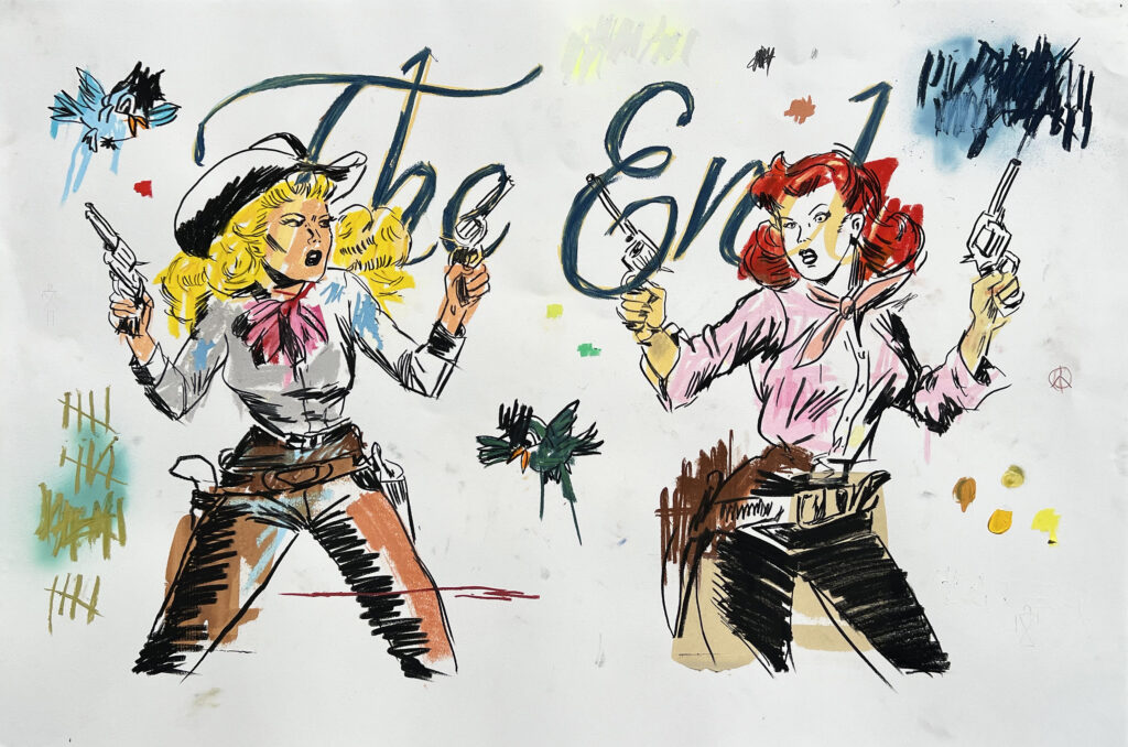 Terry Urban, "Until The End," 2026, acrylic, pastel, oil, aerosol, graphite, and charcoal on Arches paper, 30 x 44.4 inches. (Courtesy of West Chelsea Contemporary)