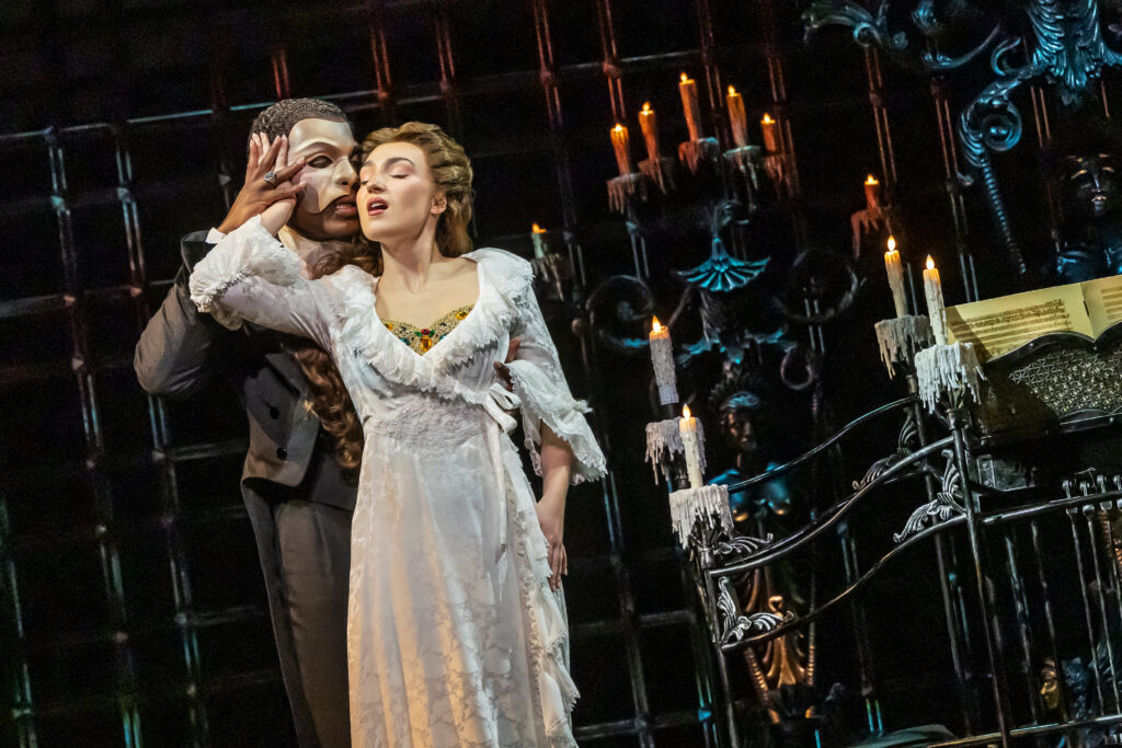 Isaiah Bailey as the Phantom and Jordan Lee Gilbert as Christine Daaé in the North American tour of The Phantom of the Opera. (Matthew Murphy and Evan Zimmerman)