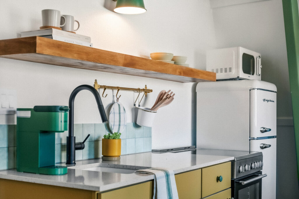 A kitchenette inside one of the redesigned cabins at Petit Cowboy(Photo courtesy of Taylor Bennett & Hunter Mitchell)