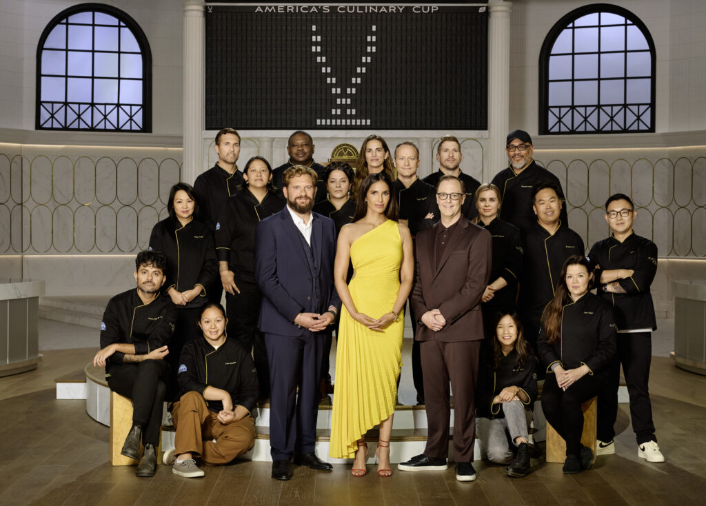 Host, judges and contestants appear on the CBS original series “America’s Culinary Cup.”