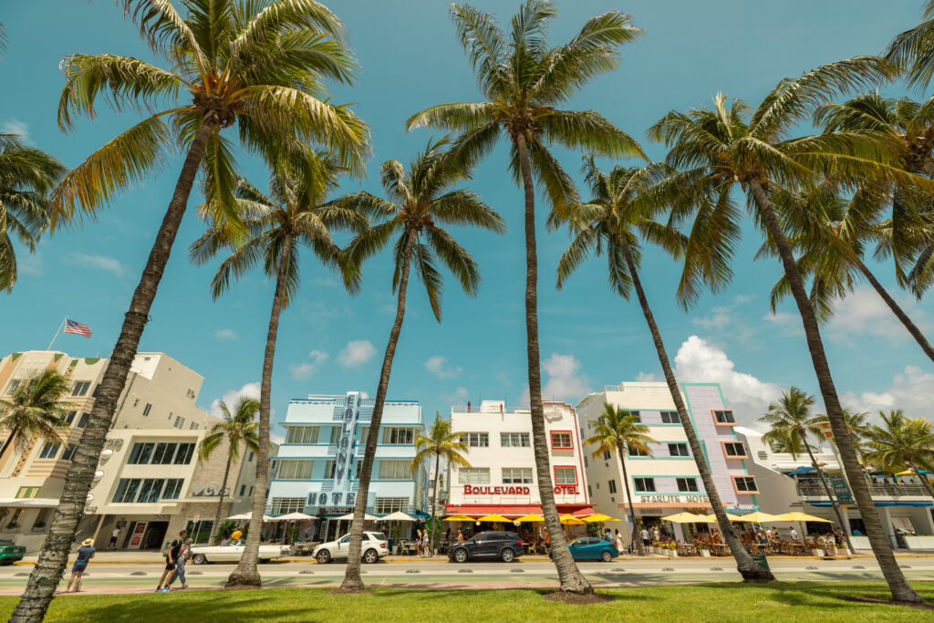 A stretch of art deco buildings along Ocean Drive in South Beach, Miami, Florida.