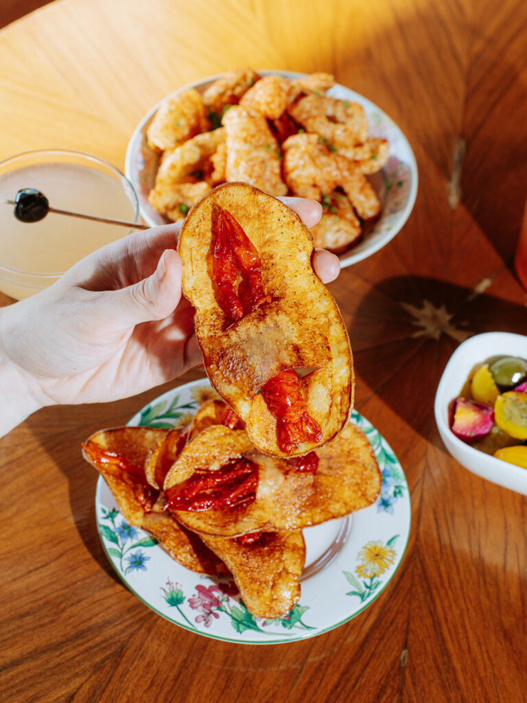 Boni's soft-shell crawfish with sardine chips