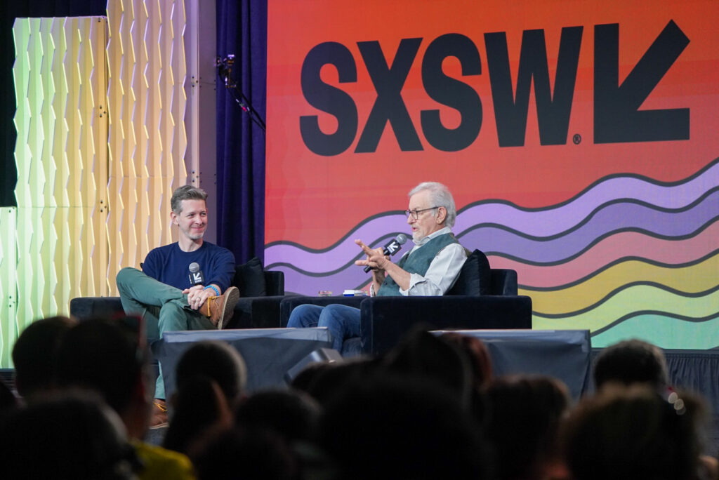 Sean Fennessey and Steven Spielberg at SXSW. (Photo by Cassie Butterfield)