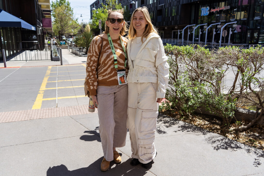 Chelsea Bo and Ksusha Genenfeld pose outside Alamo Drafthouse South Lamar during SXSW 2026 in Austin, Texas. (Photo by Cassie Butterfield)