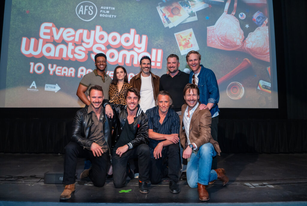Richard Linklater and the cast of “Everybody Wants Some!!” attend the film’s 10th anniversary screening at AFS Cinema in Austin on Sunday, March 22, 2026. (Photo by Lauren Slusher)