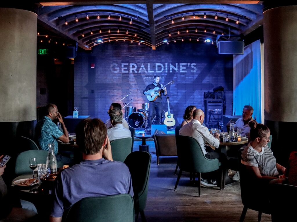 Musician performing at Geraldine's restaurant in Austin, Texas.