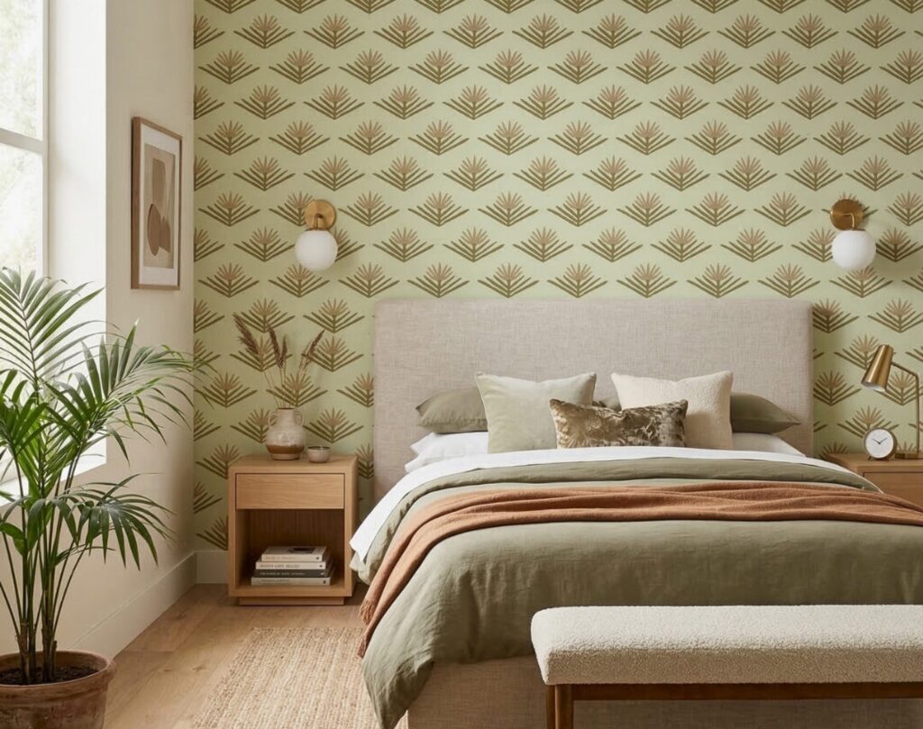 A rendering of Clay Imports’ Loto Chihuahua wallpaper in a bedroom setting. (Rendering courtesy of Clay Imports)