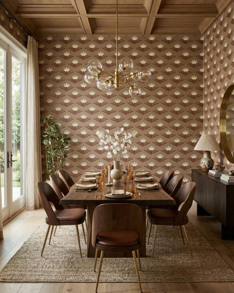 A rendering of Clay Imports’ Loto wallpaper in a dining room. (Rendering courtesy of Clay Imports)