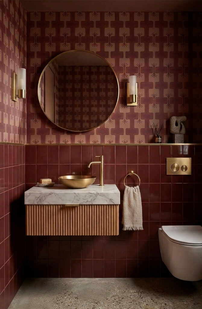 A rendering of Clay Imports’ On the Fringe wallpaper in a bathroom. (Rendering courtesy of Clay Imports)