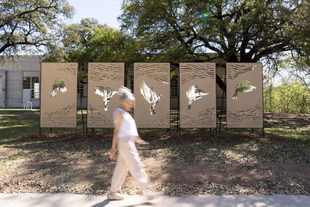 “Wing Trace” by Jasna Boudard is one of nine new temporary artworks installed along the Ann and Roy Butler Hike-and-Bike Trail as part of the 2026 TEMPO on the Trail program in Austin. (Photo by Cassie Butterfield)