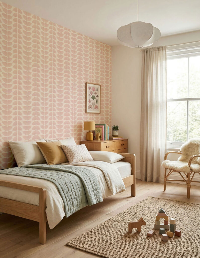 A rendering of Clay Imports’ Petalita wallpaper in a children’s bedroom. (Rendering courtesy of Clay Imports)
