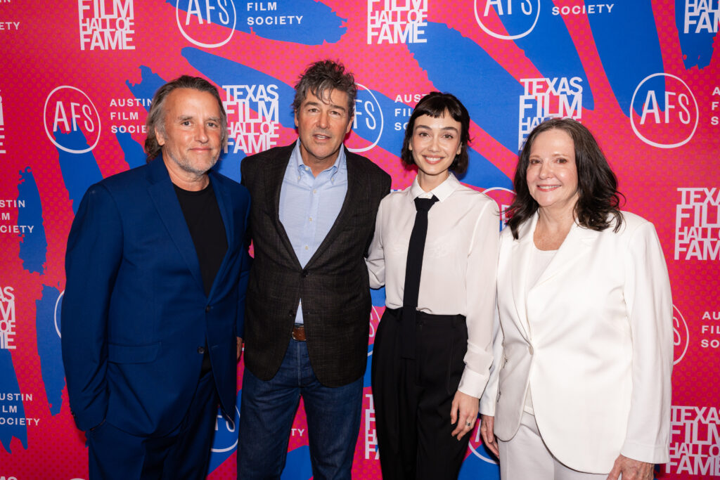 (From left) Richard Linklater, Kyle Chandler, Sydney Chandler and AFS CEO Rebecca Campbell pose during the 2026 Texas Film Awards at Troublemaker Studios in Austin, Texas, on March 5, 2026. (Photo by Daniel Cavazos)