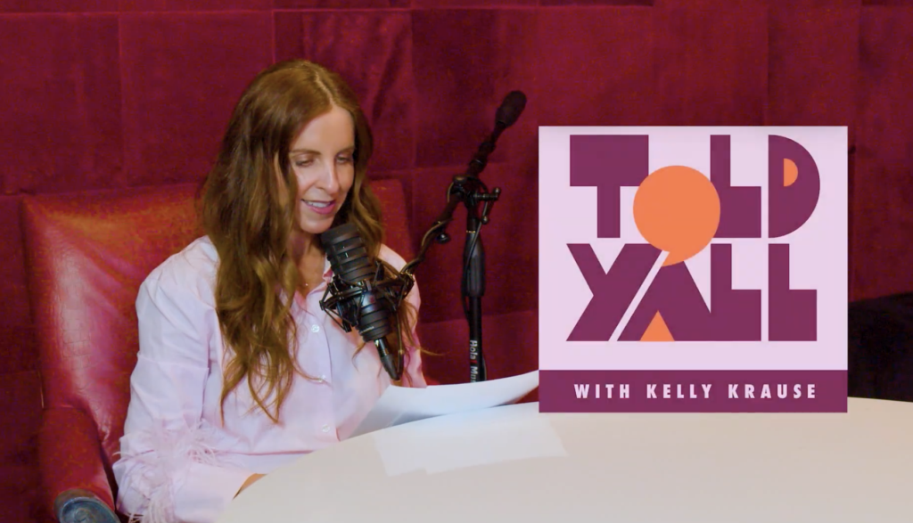 podcaster, Kelly Krause, in studio