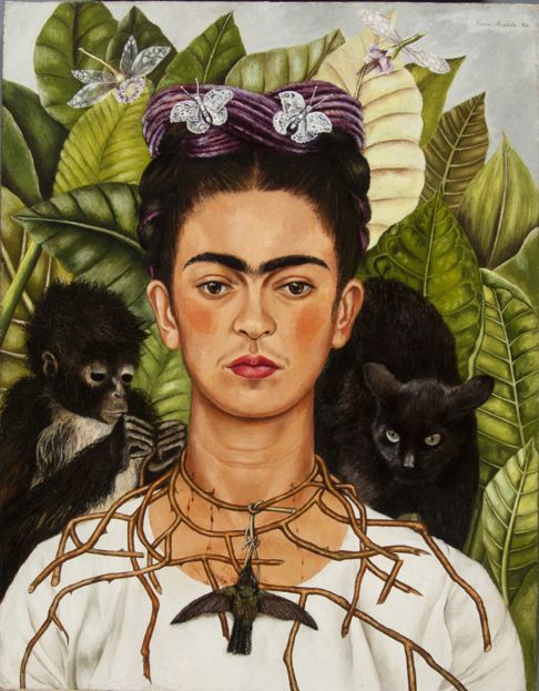 Frida Kahlo, Self-Portrait with Thorn Necklace and Hummingbird, 1940, oil on canvas, collection of Harry Ransom Center, the University of Texas at Austin, Nickolas Muray Collection of Modern Mexican Art. © 2026 Banco de Mexico Diego Rivera & Frida Kahlo Museum Trust, Mexico, D.F. / Artists Rights Society, New York