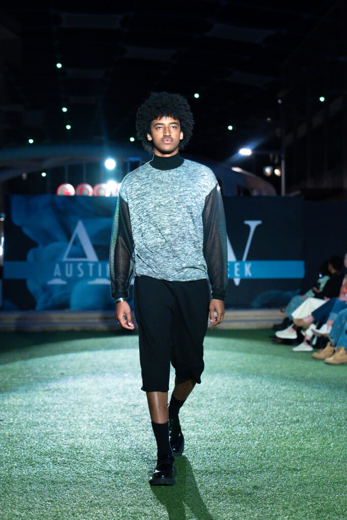 Male runway model at Austin Fashion Week at The Domain
