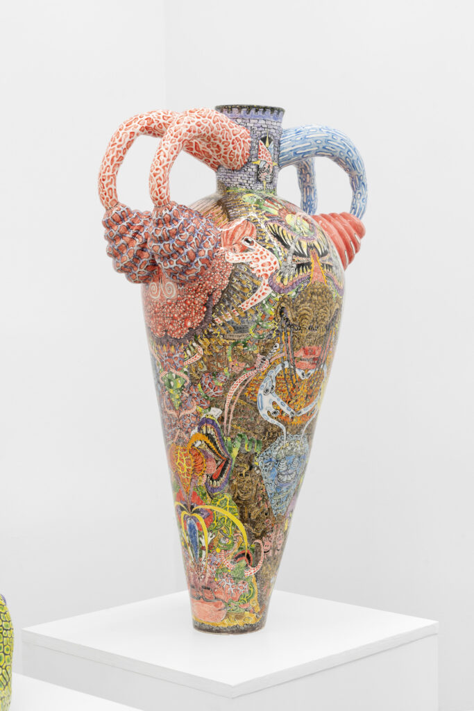 Charlie Hyman’s glazed ceramic work “Before and After.” 