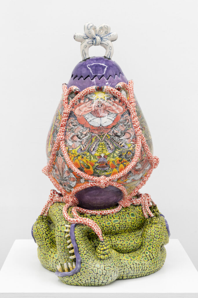 Charlie Hyman’s glazed ceramic work “Egg.” 