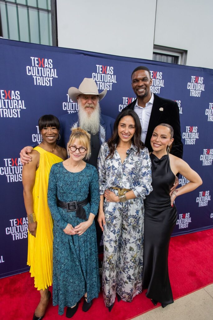 (From left, top row) Lauren Anderson, Ray Benson and Chris Bosh; (from left, bottom row) Elizabeth Crook, Heidi Marquez Smith and Adrienne Bosh at the 2026 Butler Texas Young Masters celebration at Zach Theater in Austin on April 13, 2026.