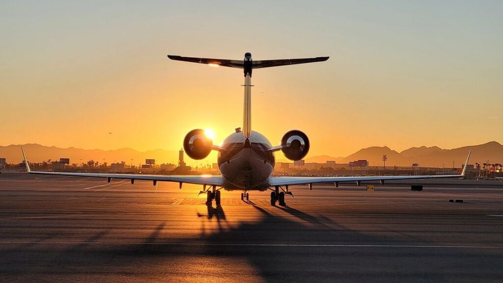 Private jet at sunrise