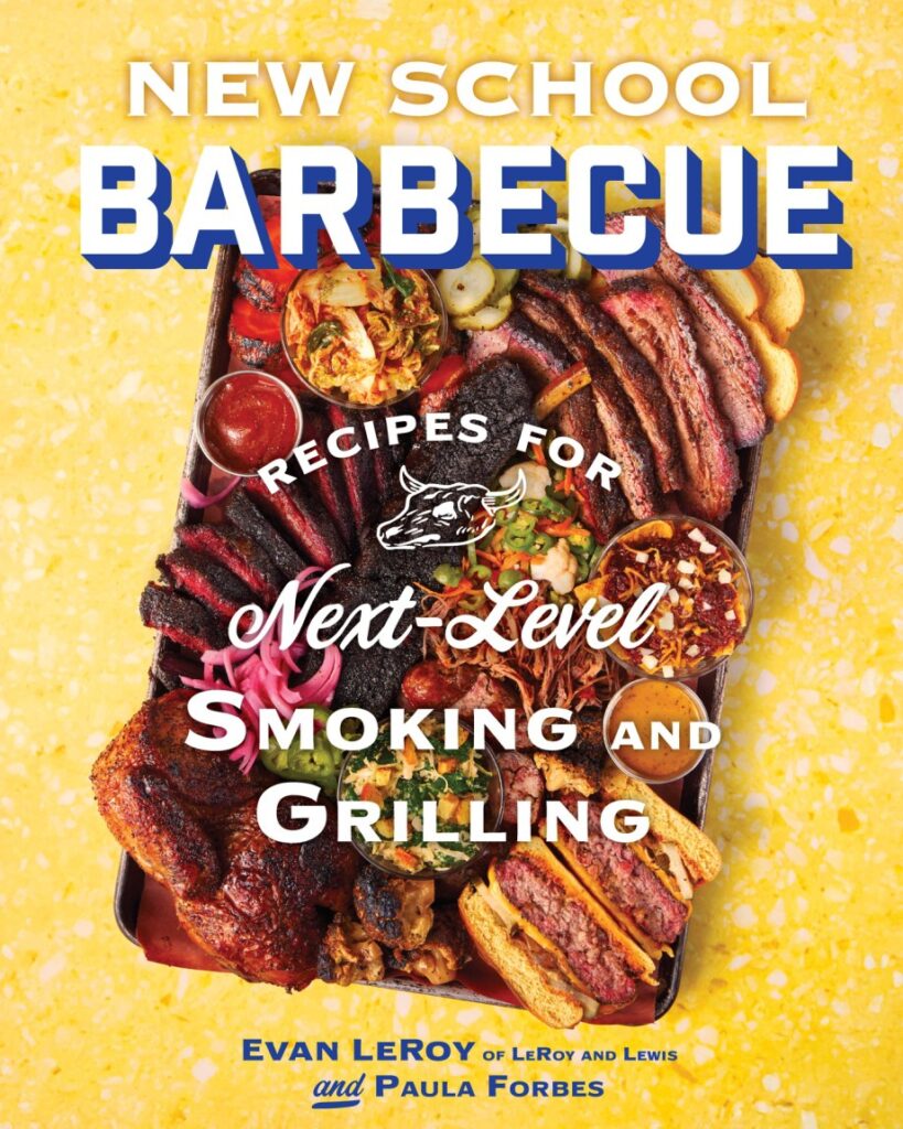 Cookbook cover of New School Barbecue showing a plate of smoked and grilled meat.