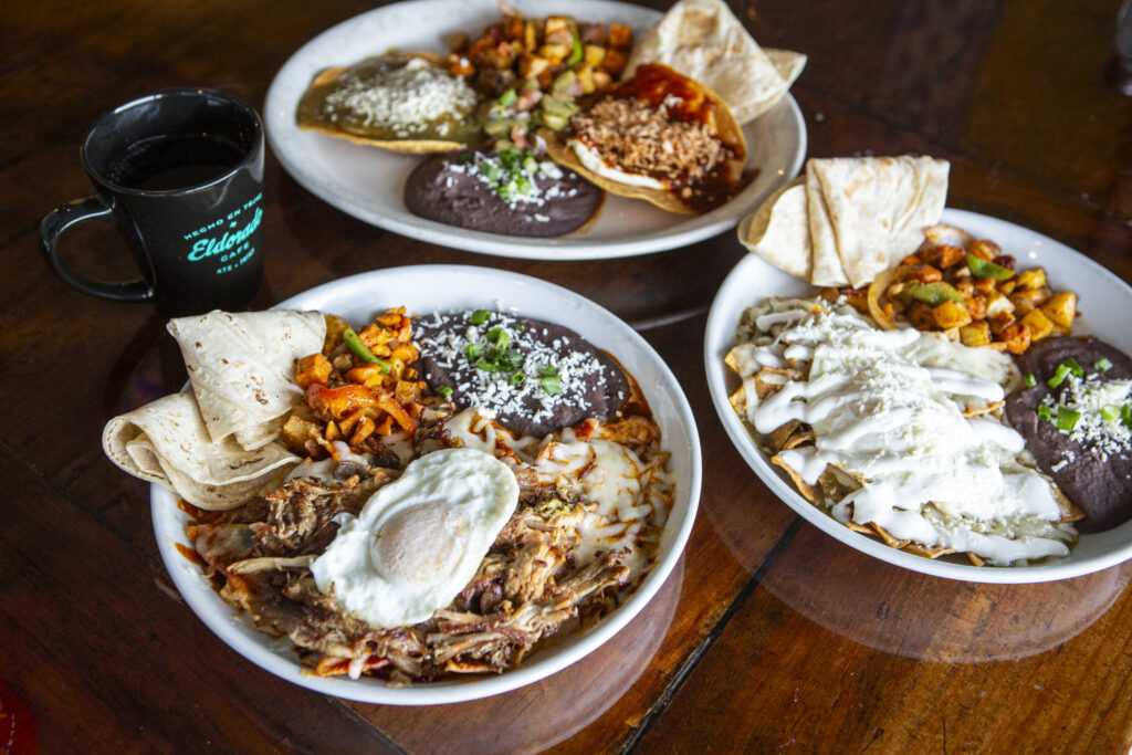 Breakfast plates at Eldorado Cafe feature Tex-Mex staples and house specialties served alongside handmade tortillas.