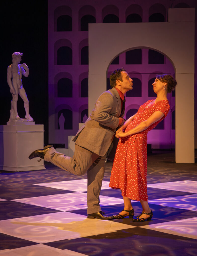 Nick Lawson (Benedick) and Kate Glasheen (Beatrice) perform in Austin Shakespeare’s production of “Much Ado About Nothing” at Zilker Hillside Theater.