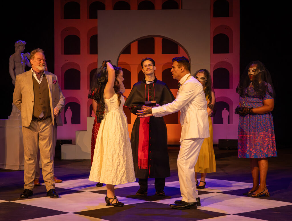 Katie Browne (Hero) and A.Y. Oza (Claudio) perform in Austin Shakespeare’s production of “Much Ado About Nothing” at Zilker Hillside Theater.