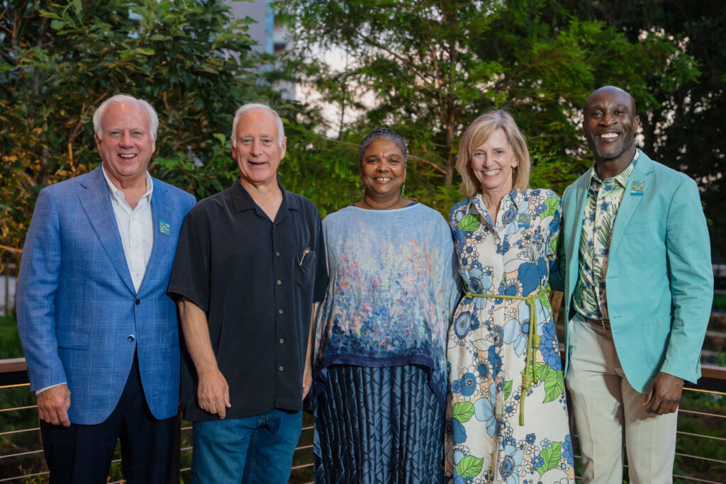 Gary Farmer, Austin Mayor Kirk Watson, Dr. Colette Pierce Burnette, Chris Mattsson and Davon Barbour attend the grand opening celebration for The Confluence at Waterloo Greenway in Austin on Saturday, June 6.